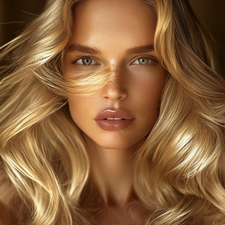 Modelo europeia com cabelo loiro sedoso e brilhante